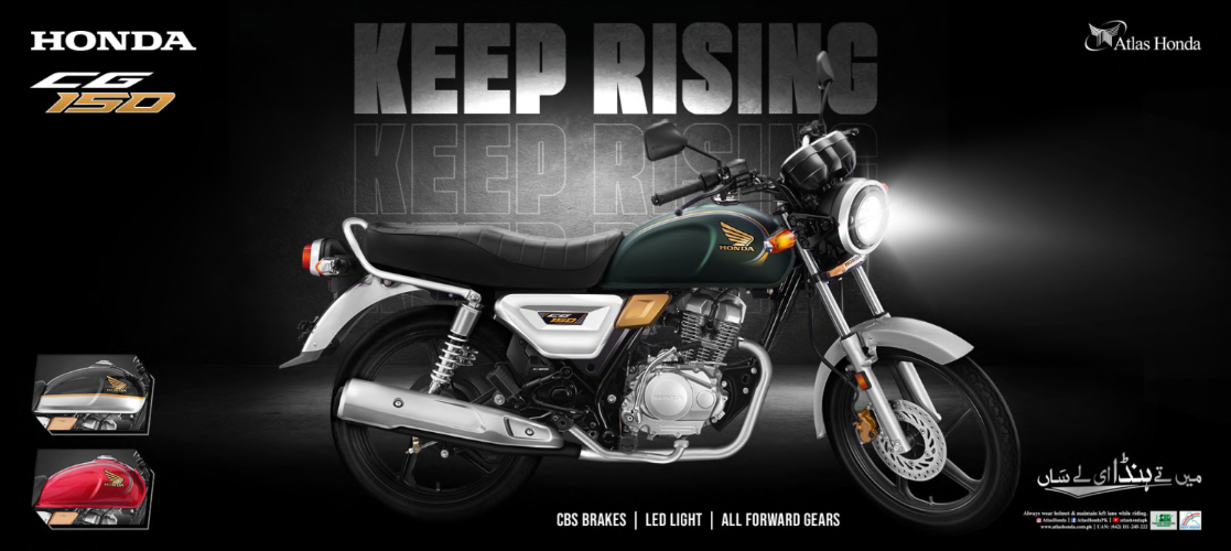 New Honda CG150 motorcycle with 'Keep Rising' text on a dark background